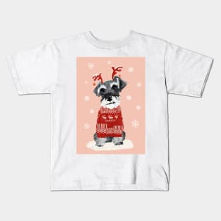 Christmas Miniature Schnauzer in Woolly Jumper and Reindeer Antlers Kids T-Shirt